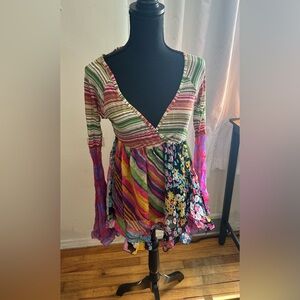 Women's Multicolor Boho Wrap Top - Floral & Stripe Print